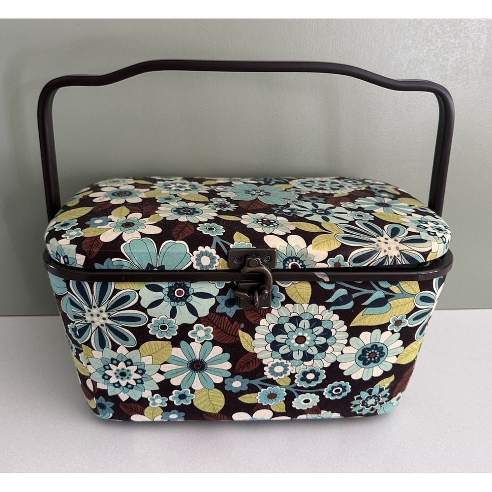 Vintage Dritz Sewing Box Basket Blue & Brown Floral Fabric With Tray Latch Retro